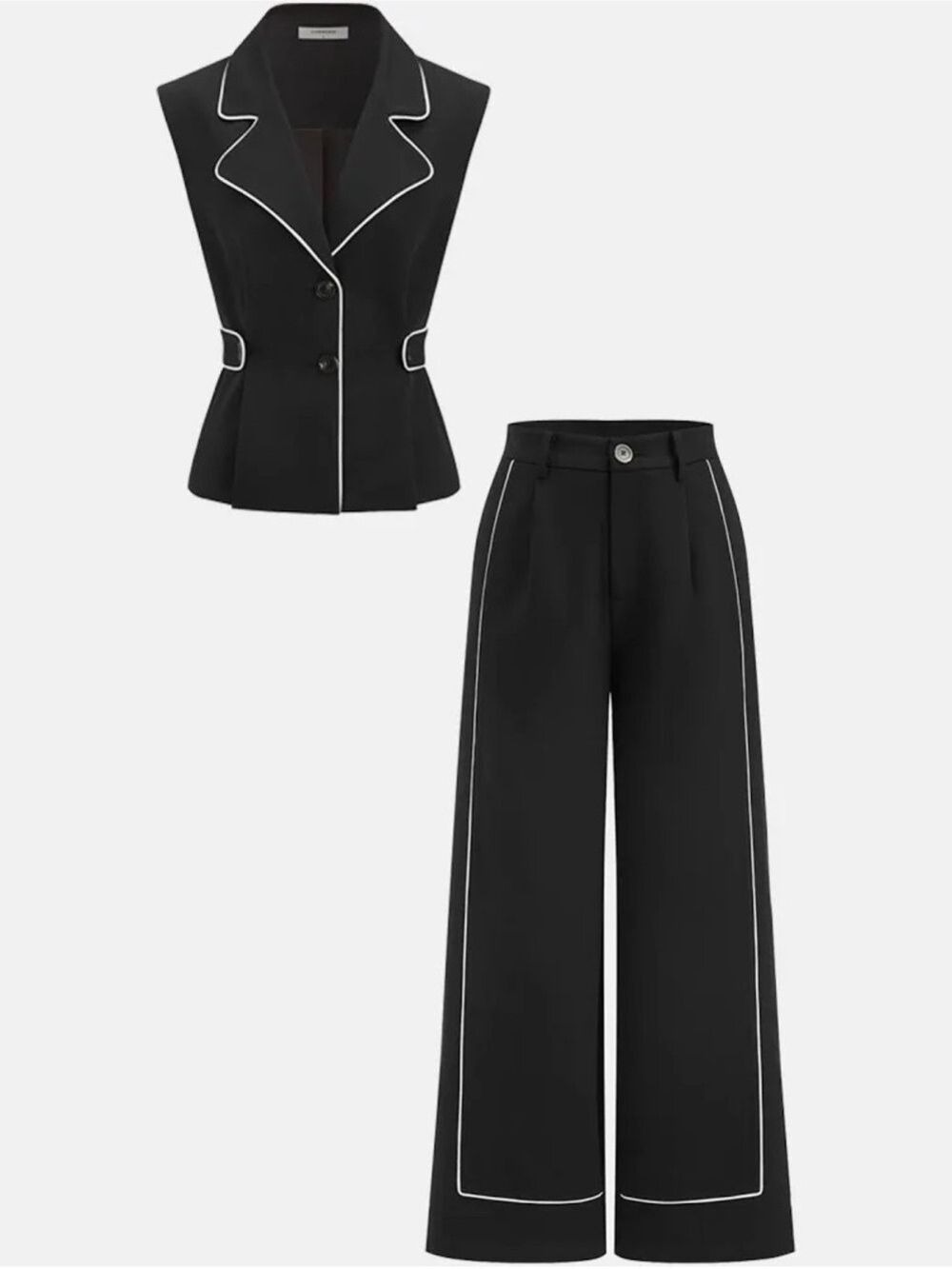 Commense SET Contrast Trim Blazer Vest & Pants Set - Picture 2 of 10
